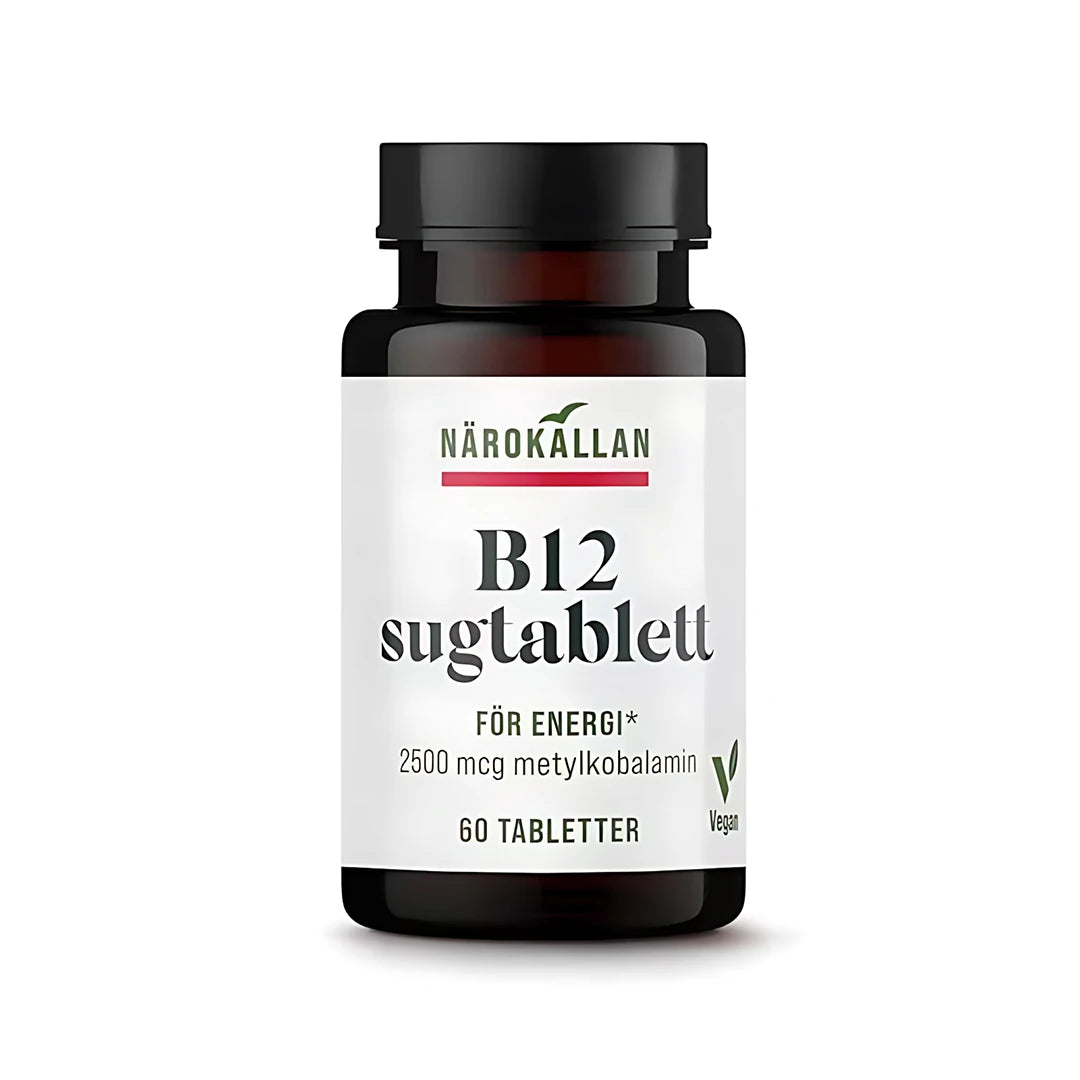 Närokällan B12 Sugtablett 60 tabs i en mörk burk med vit etikett och svart lock.
