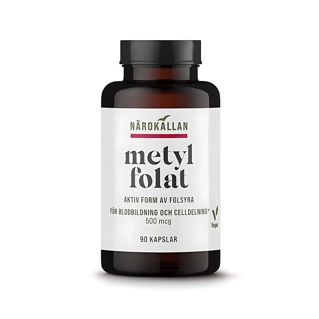Närokällan Metylfolat 90 caps veganskt kosttillskott i en mörkbrun burk med vit etikett och svart text.