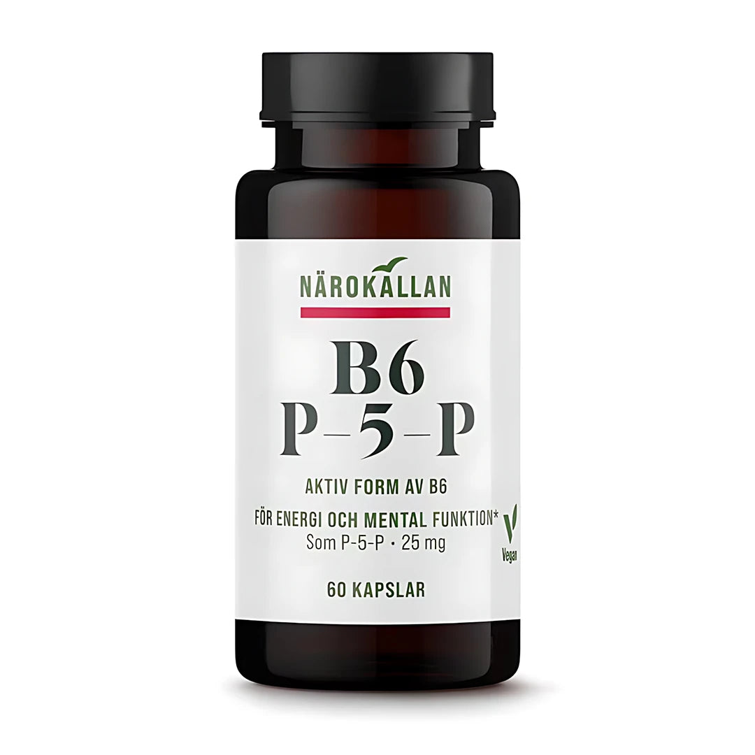 Närokällan B6 P5P 25 mg 60 caps vitaminkapslar i en mörkbrun burk med svart lock och vit etikett.