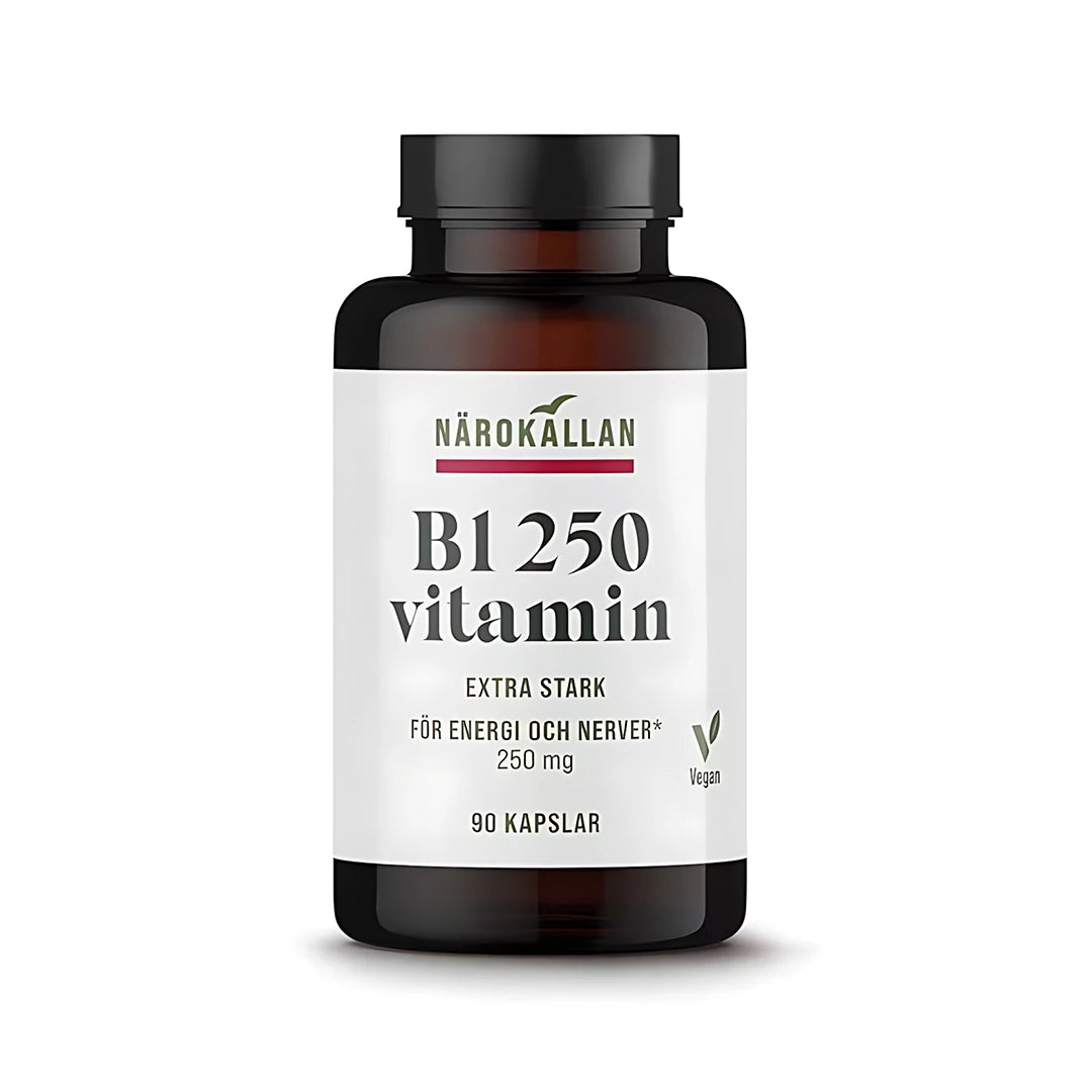 Närokällan B1 250 mg 90 caps kosttillskott i en mörkbrun burk med vit etikett.