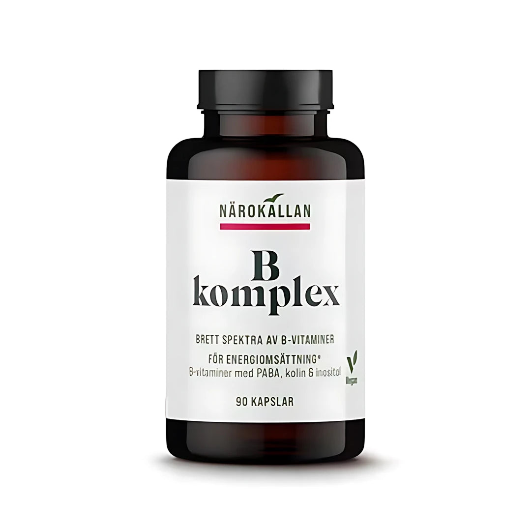 Närokällan B-komplex 90 caps i en mörkbrun burk med vit etikett, ett veganskt kosttillskott med alla B-vitaminer.