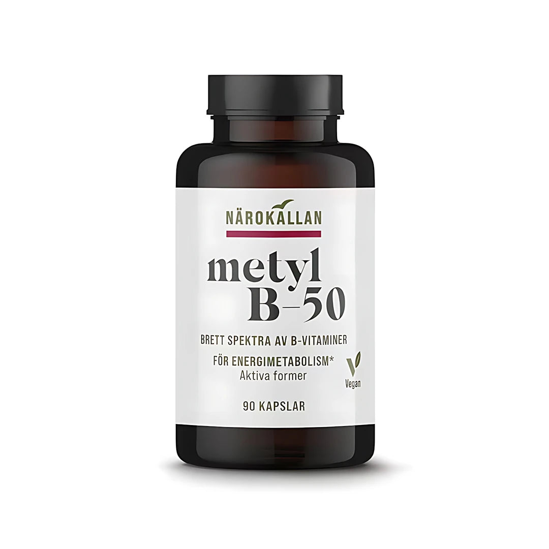 Närokällan Metyl B-50 komplex 90 caps i en mörk glasburk med vit etikett och svart lock.