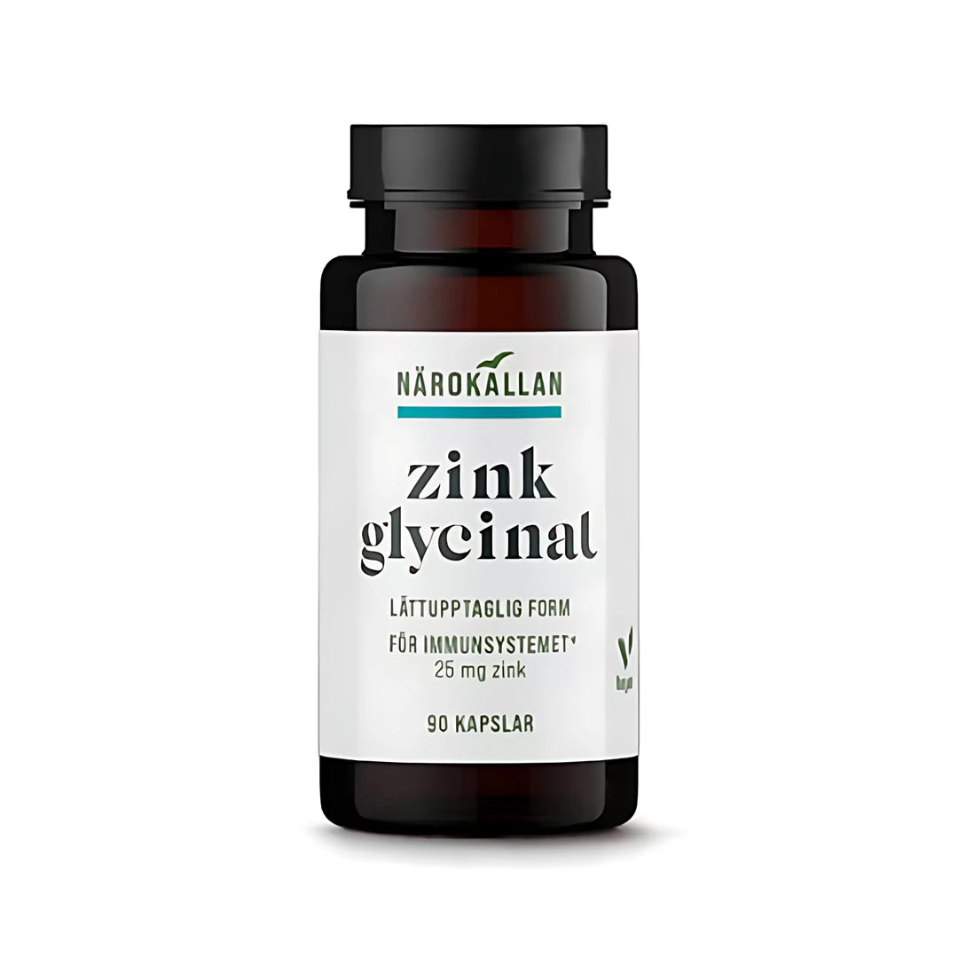 Närokällan Zinkglycinat 90 caps kosttillskott i en mörkbrun burk med svart lock och en vit etikett med svarta textdetaljer.