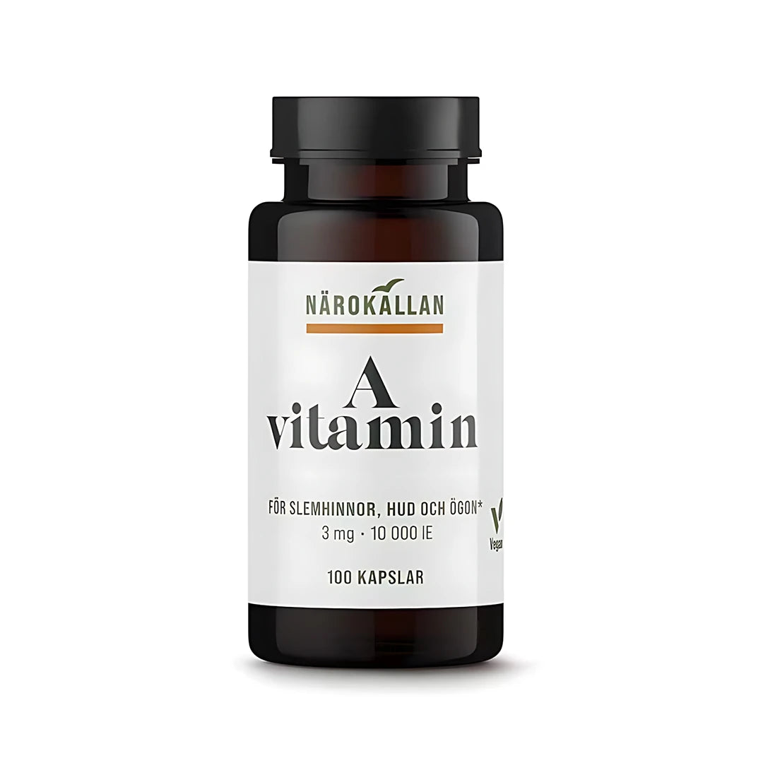 Närokällan A-vitamin 100 caps kosttillskott i en mörk burk med vit etikett och svart lock.