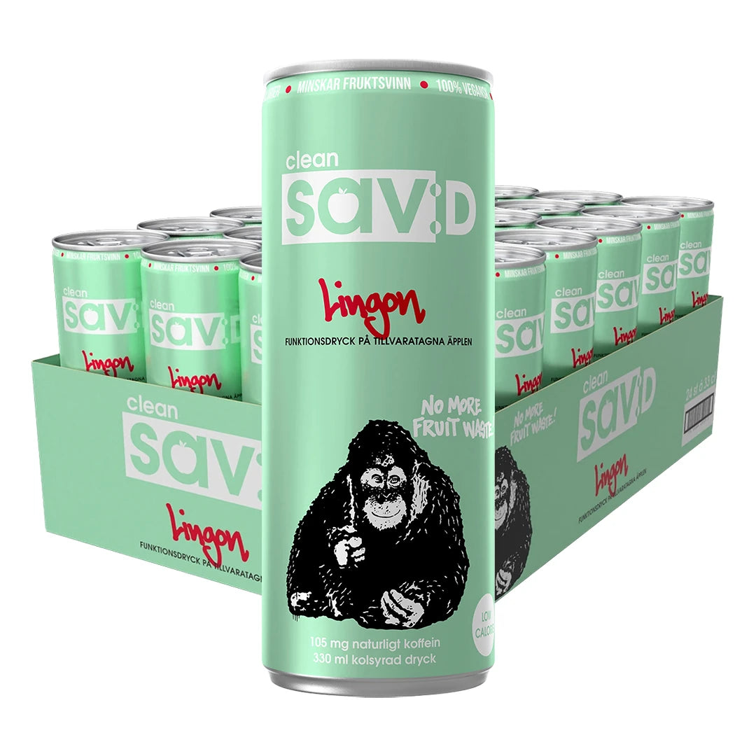 24 x Clean Drink sav:D 330 ml Lingon SUPER DEAL i ett ljusgrönt flak med matchande burkar för lingonsmak.