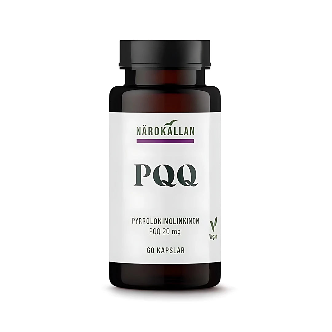 Närokällan PQQ 60 caps, mörk burk med vit etikett och svart lock, ett veganskt kosttillskott i kapselform.
