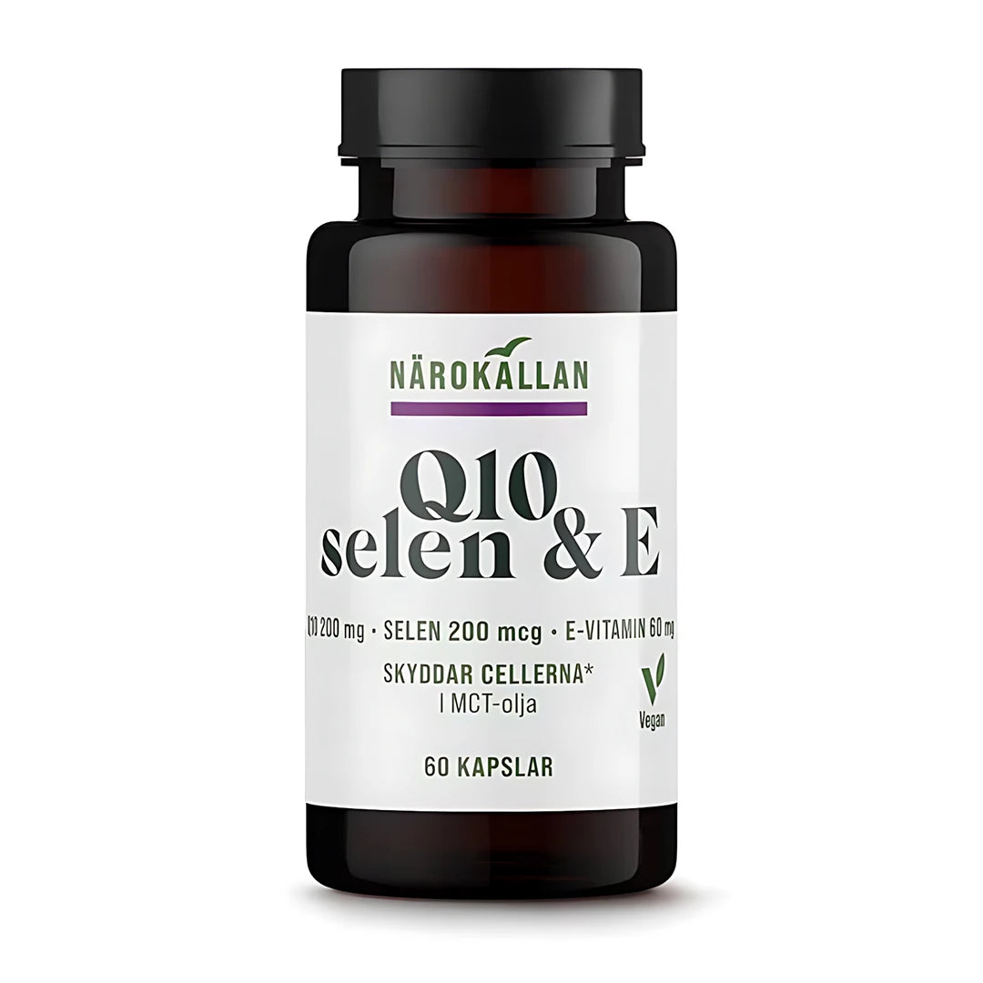 Närokällan Q10 200 mg + Selen & E 60 caps i en mörk burk med vit etikett och tydlig text.