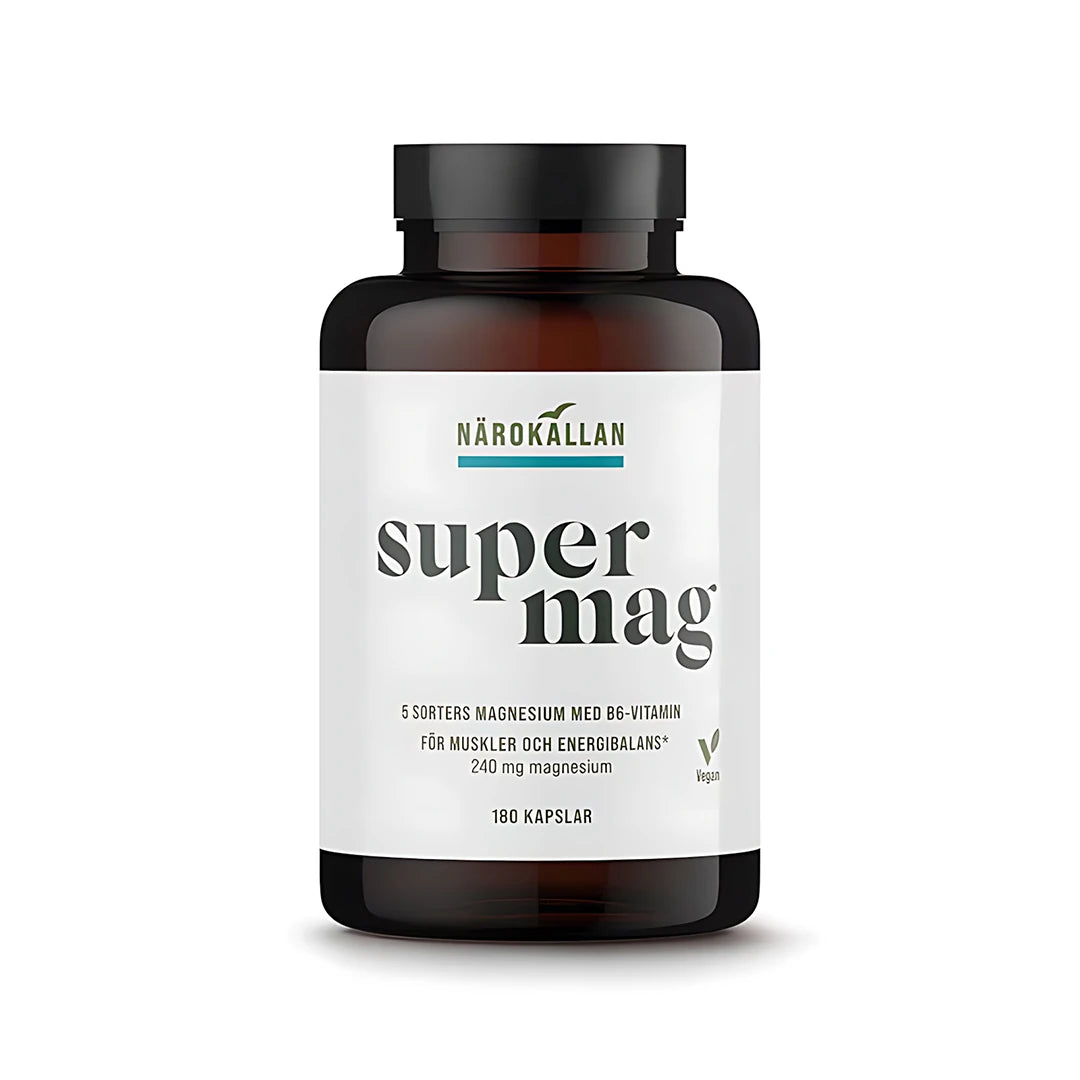 Närokällan Super Mag 180 caps magnesiumtillskott i en brun burk med vit etikett och texten super mag.