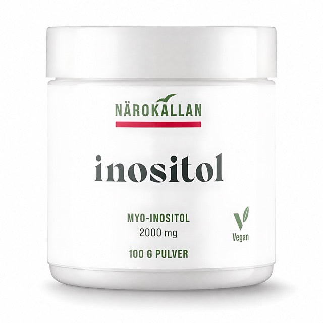 Närokällan Inositol 100 g myo-inositol i pulverform i en vit burk med gröna detaljer.