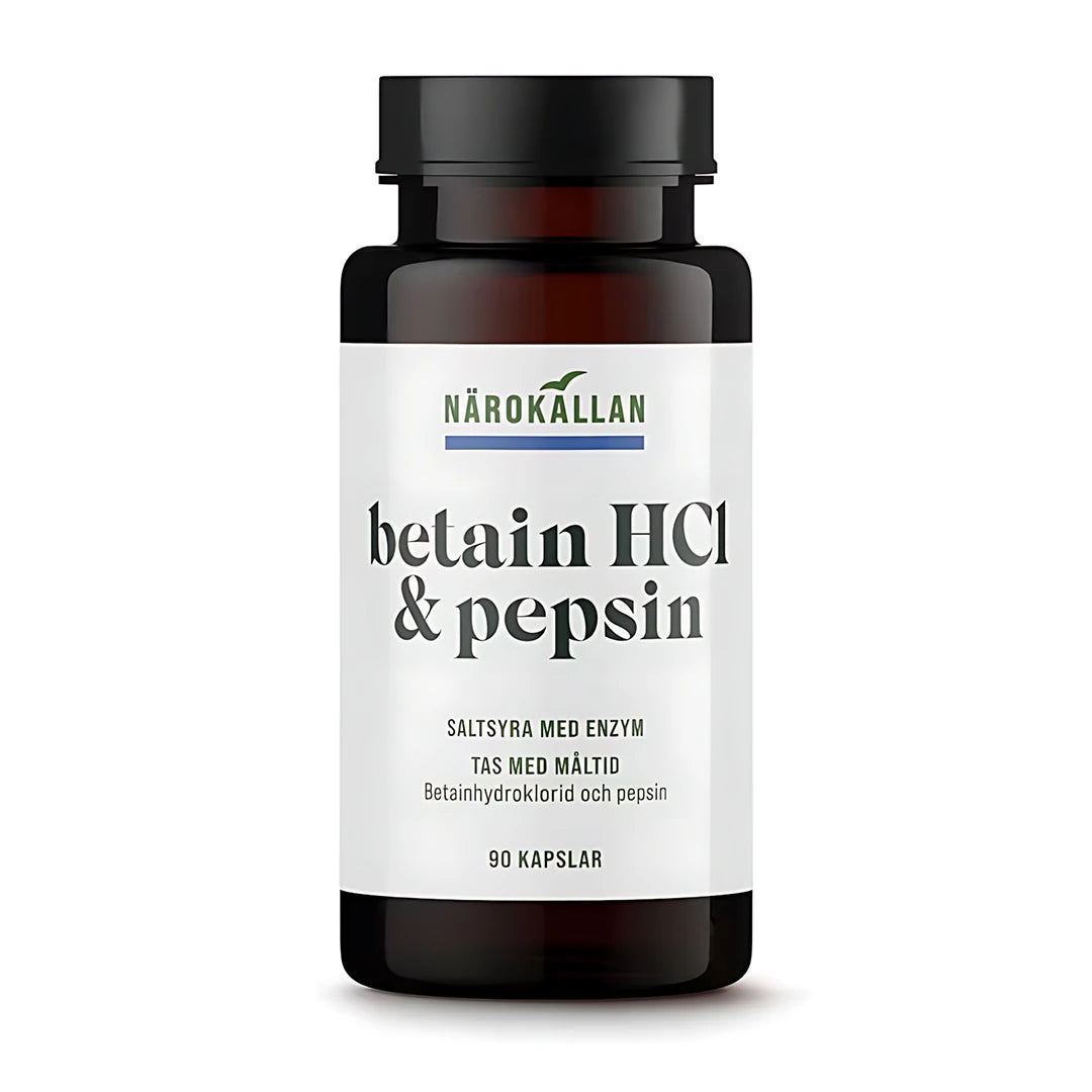 Närokällan Betain HCL pepsin 90 caps kosttillskott i en mörkbrun burk med vit etikett.