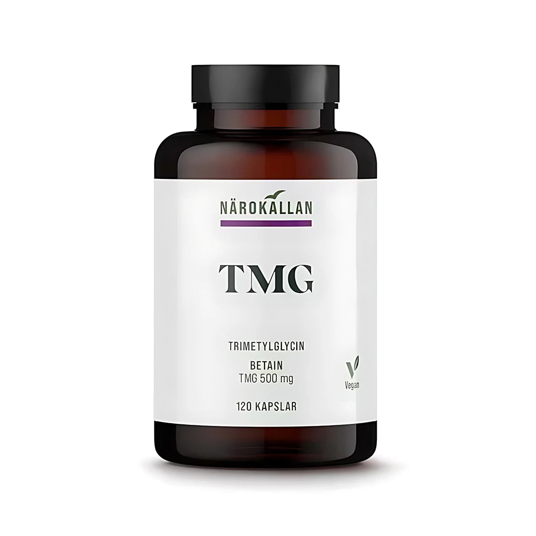 Närokällan TMG 120 caps, veganskt kosttillskott i en mörkbrun burk med vit etikett.