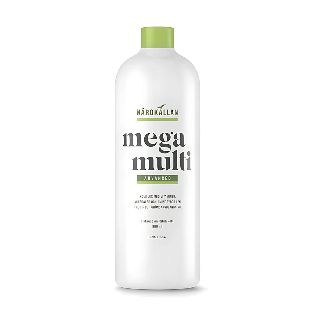 Närokällan Mega Multi Advanced 900 ml flytande multivitamintillskott i en vit flaska med gröna detaljer.