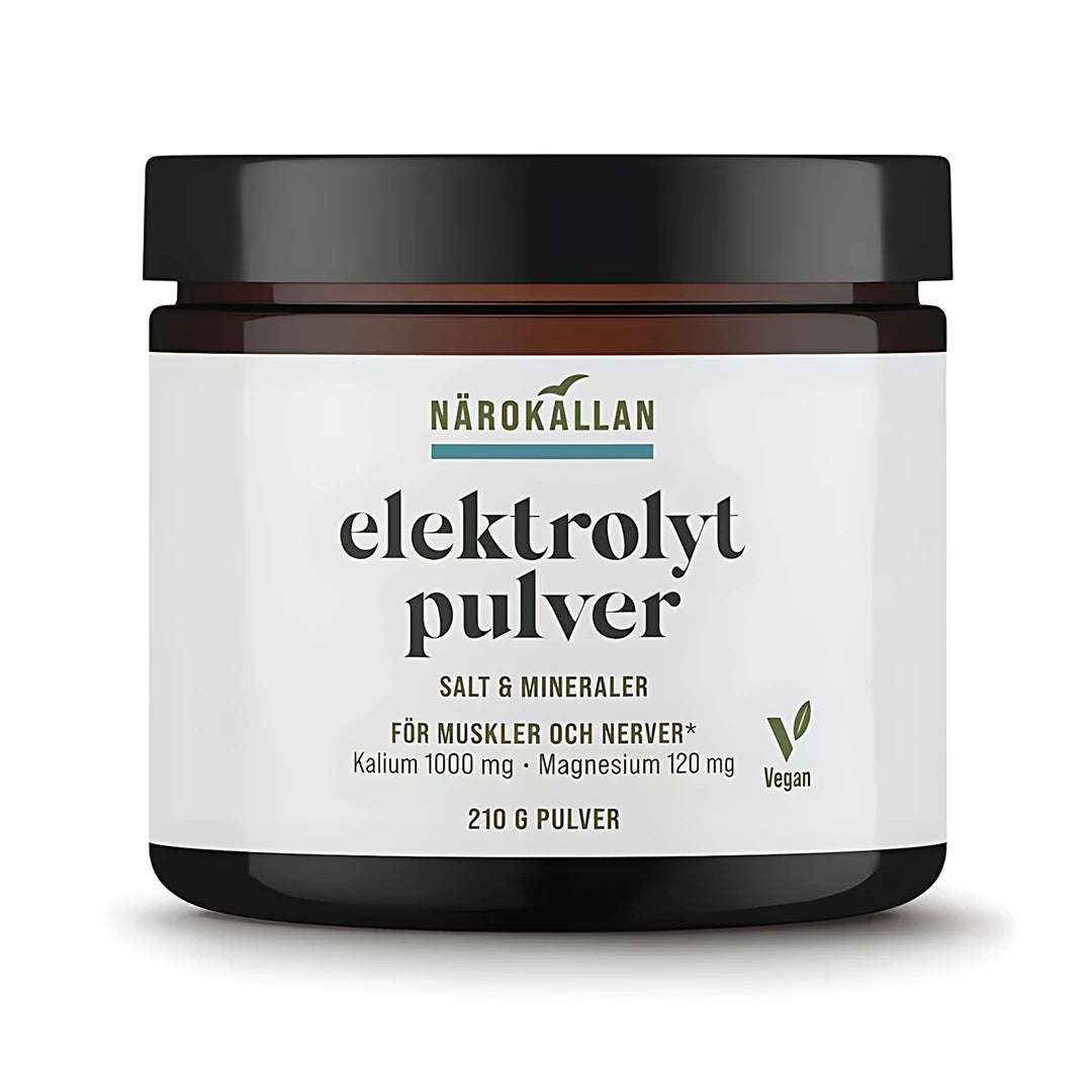 Närokällan Elektrolytpulver 210 g i en mörk burk med svart lock och vit etikett, ett veganskt kosttillskott för muskler och nerver.