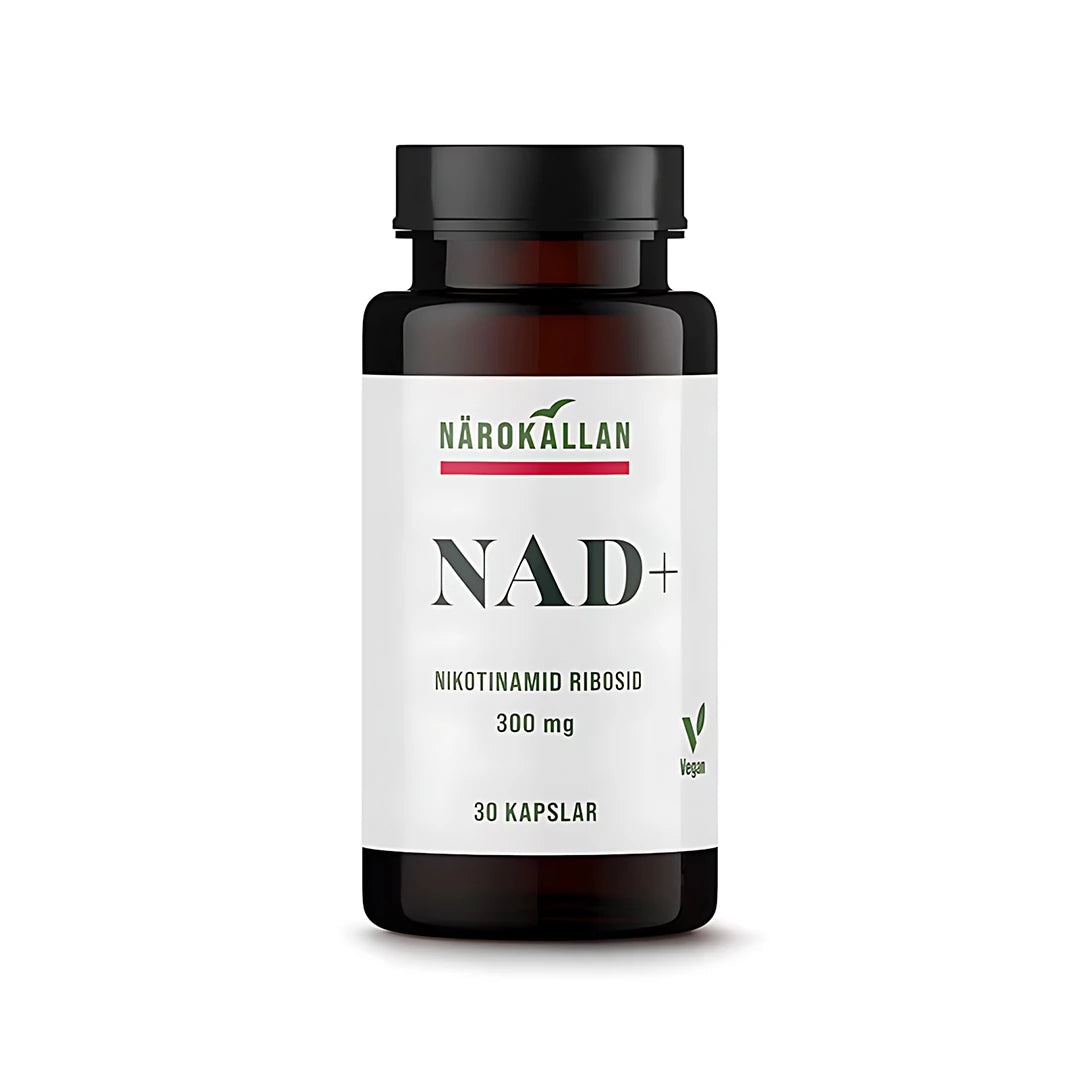 Närokällan NAD+ 30 caps kosttillskott i en brun burk med vit etikett och vegansk märkning.