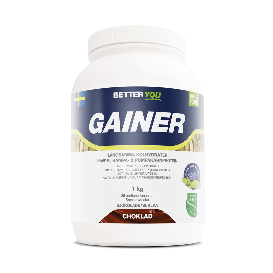 Better You Whole Food Gainer 1kg vegansk gainer i en vit burk med blå och gröna detaljer för smaken Choklad.