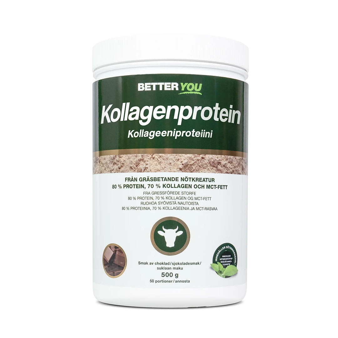 Better You Kollagenprotein 500 g proteinpulver i en vit burk med mörkgrön etikett och smak av choklad.