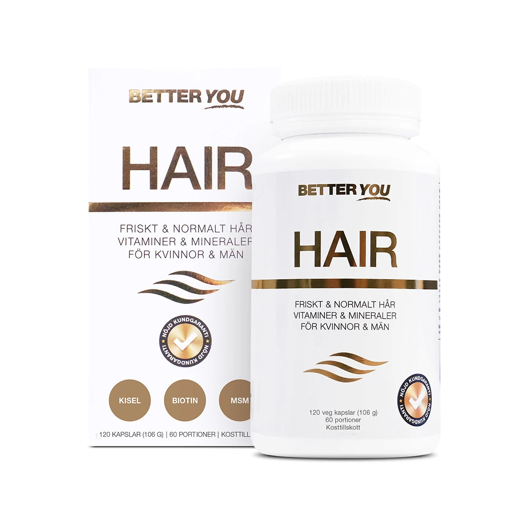 Better You Better You Hair - 120 caps kosttillskott i en vit burk och kartong med bronsfärgade detaljer.