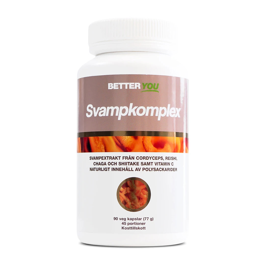 Better You Svampkomplex - 90 caps kosttillskott förpackat i en vit burk med bruna och orangea detaljer.