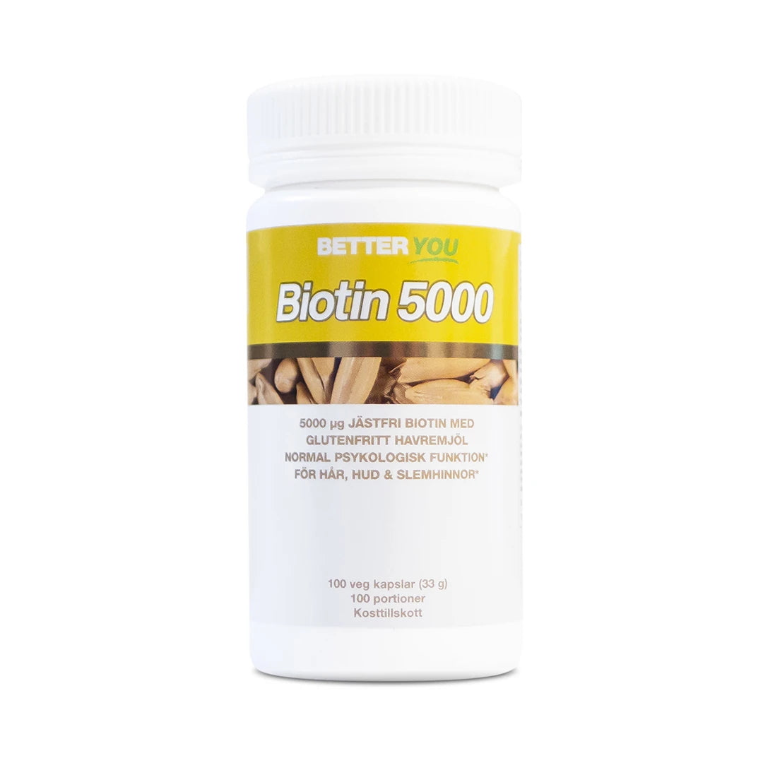 Better You Biotin 5000 - 100 caps kosttillskott förpackat i en vit BIO-burk med en gul och vit etikett.