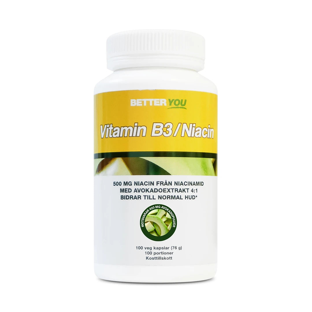 Better You Vitamin B3 / Niacin - 100 caps förpackad i en vit burk med gul etikett och gröna avokadodetaljer.