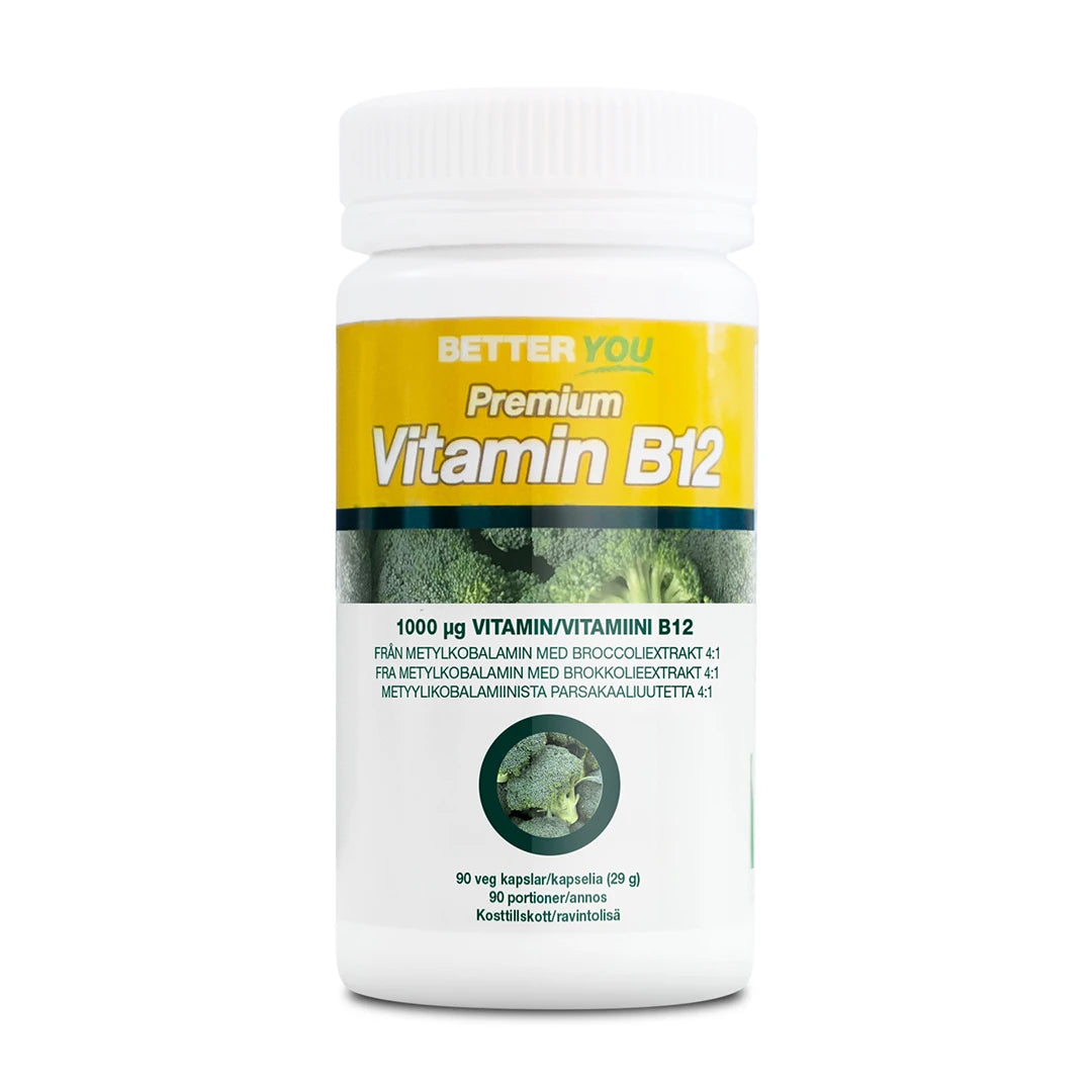 Better You Premium Vitamin B12 - 90 caps i en vit burk med gul etikett och bilder på broccoli.
