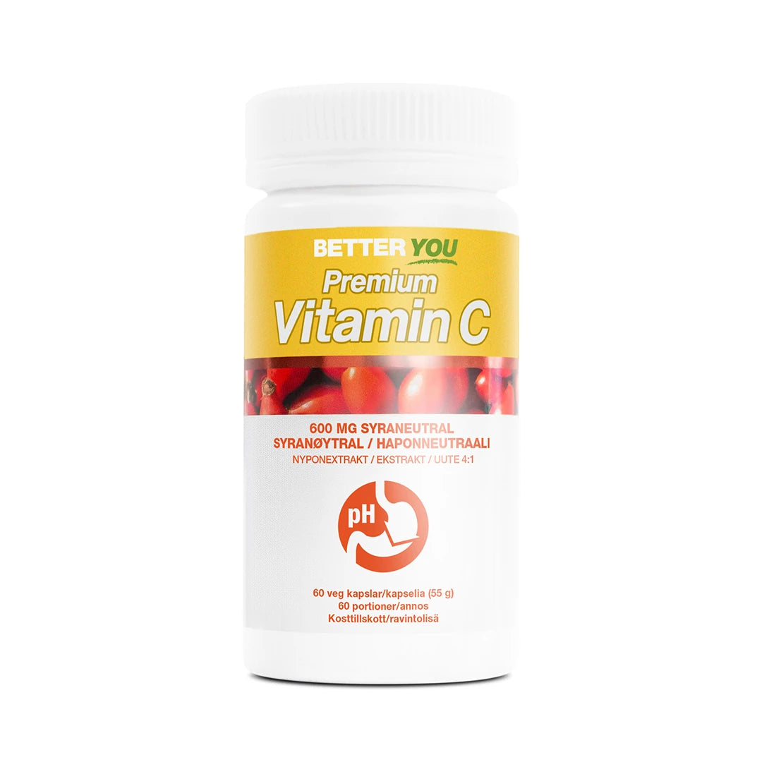 Better You Premium Vitamin C - 60 kaps i en vit burk med gul etikett och röda detaljer av nypon.