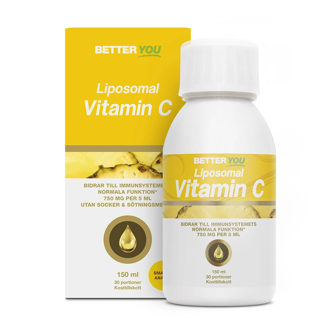 Better You Liposomal Vitamin C - 150 ml flytande kosttillskott, vit flaska med gul etikett och tillhörande kartong.