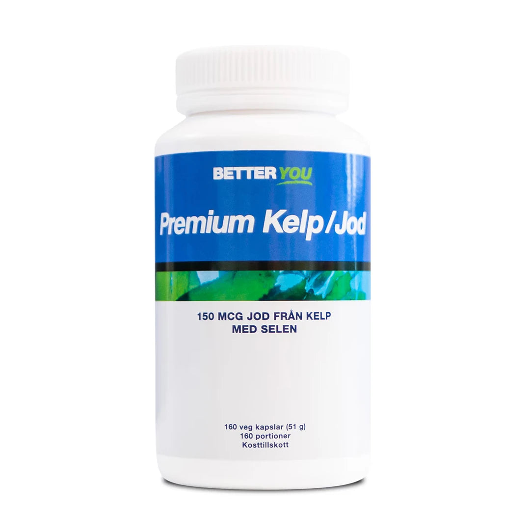 Better You Premium Kelp/Jod - 160 kaps i en vit burk med blå och grön etikett.
