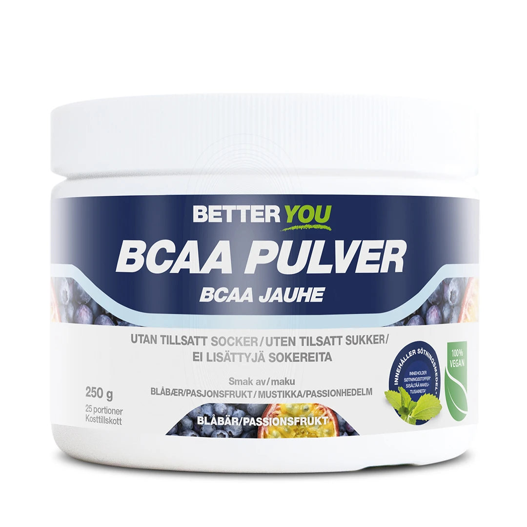 Better You Naturligt BCAA Pulver 250 g i en vit burk med blå etikett, smak av blåbär och passionsfrukt.