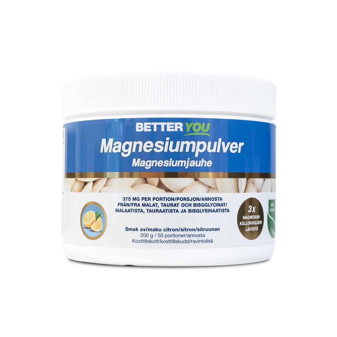 Better You Magnesiumpulver 200 g kosttillskott, förpackad i en vit burk med blå etikett och citronsmak.