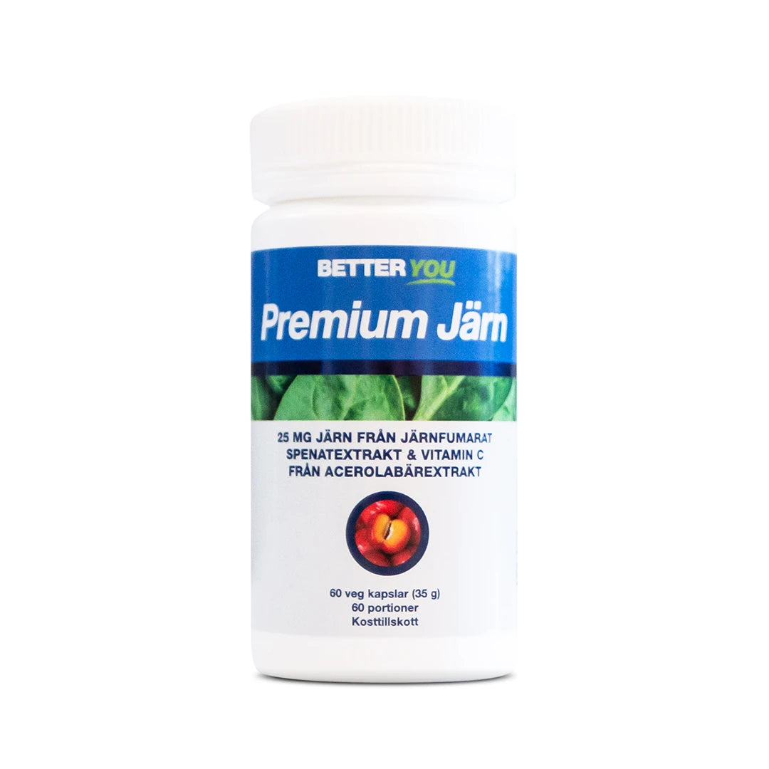 Better You Premium Järn - 60 kaps kosttillskott förpackad i en vit burk med blå och gröna detaljer.