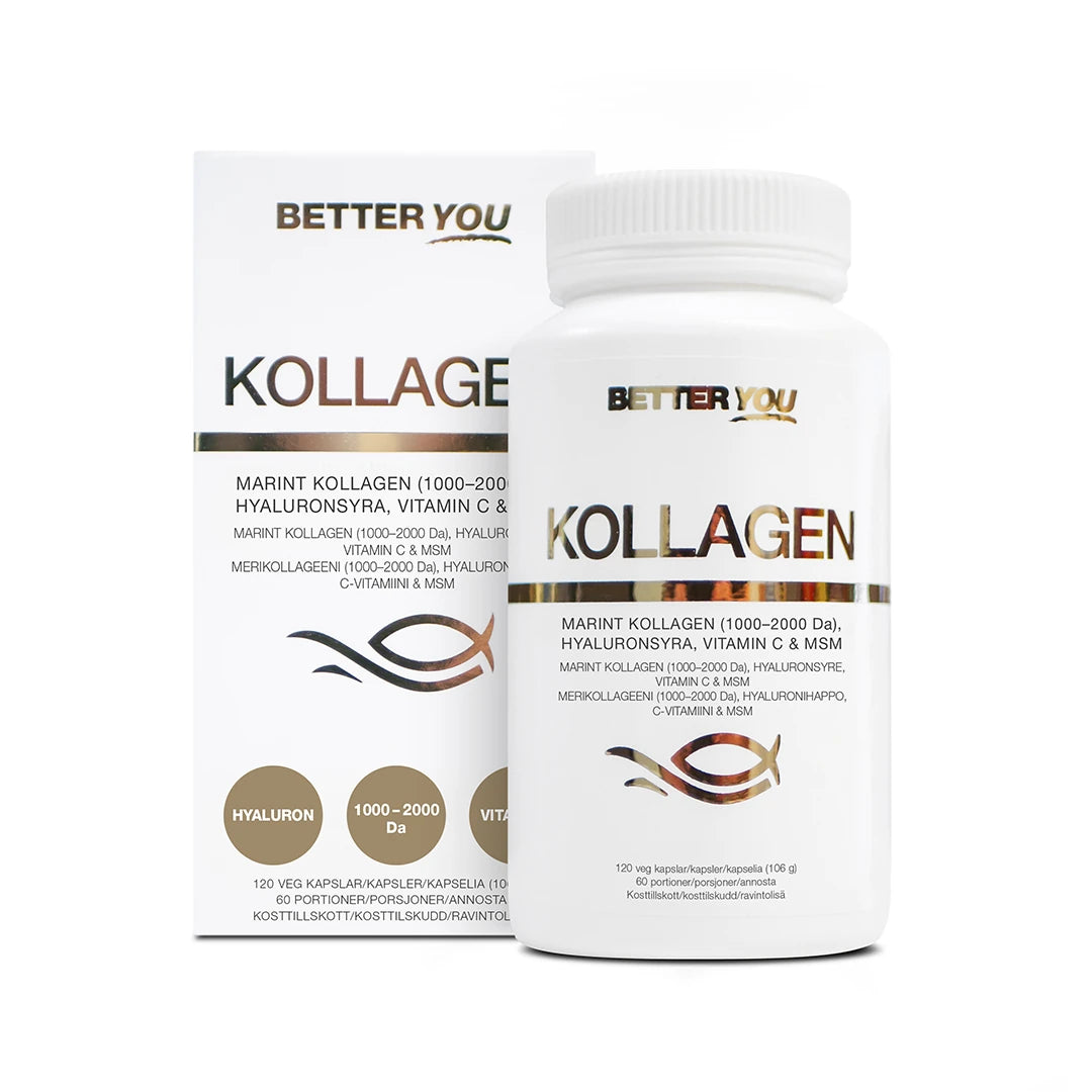 Better You Premium Kollagen - 120 kaps i en vit burk med tillhörande kartong och kopparfärgade detaljer.
