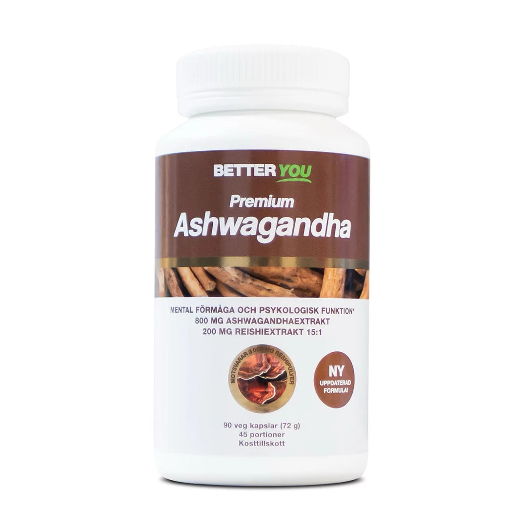 Better You Premium Ashwagandha 90 caps i en vit plastburk med brun etikett och bild på ashwagandharötter.