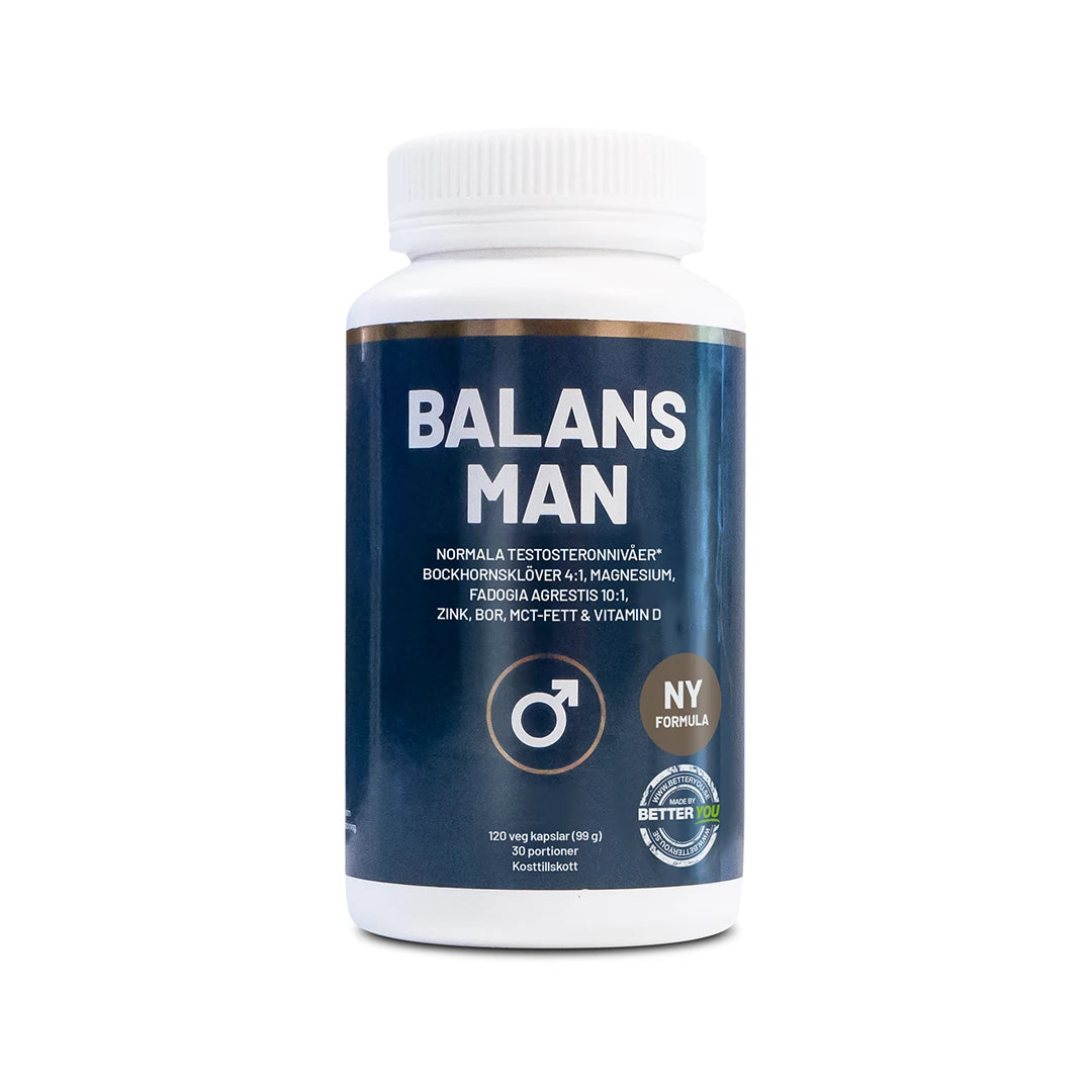Better You Balans Man 120 caps kosttillskott förpackad i en vit burk med mörkblå etikett.