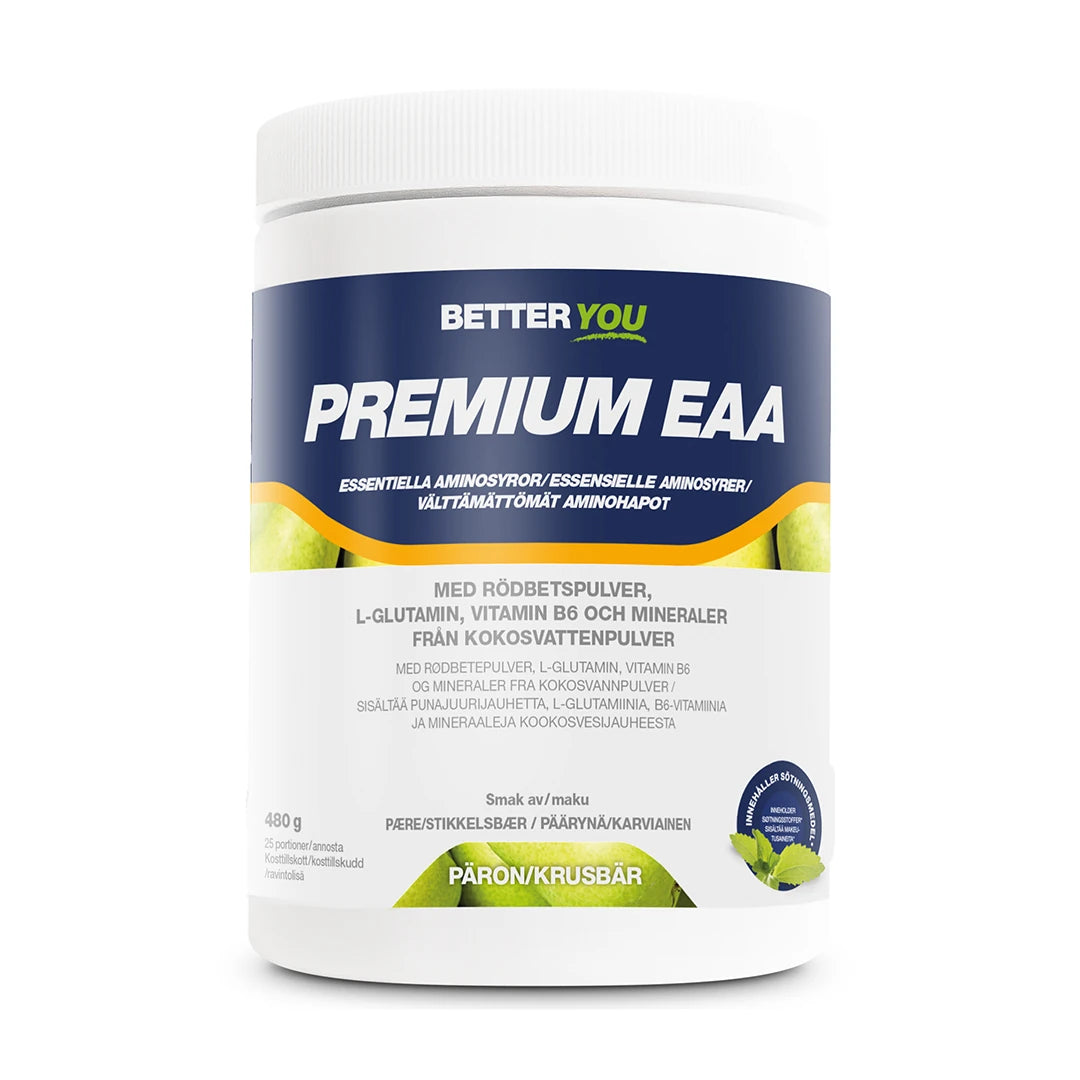 Better You Premium EAA 480g aminosyratillskott i en vit burk med mörkblå etikett och smaken Päron/Krusbär.
