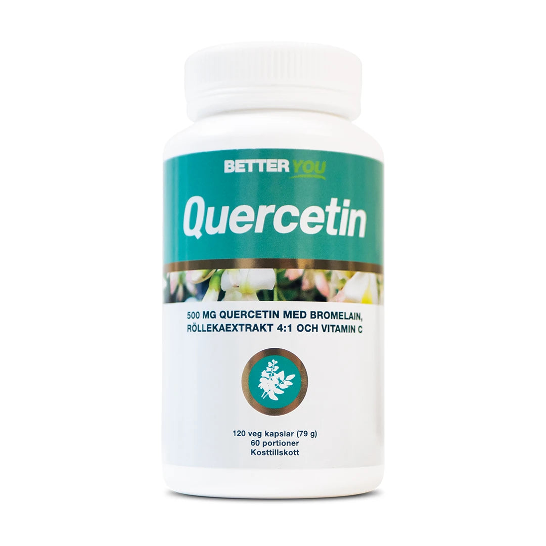 Better You Quercetin 120 caps kosttillskott i en vit plastburk med turkos och vit etikett.