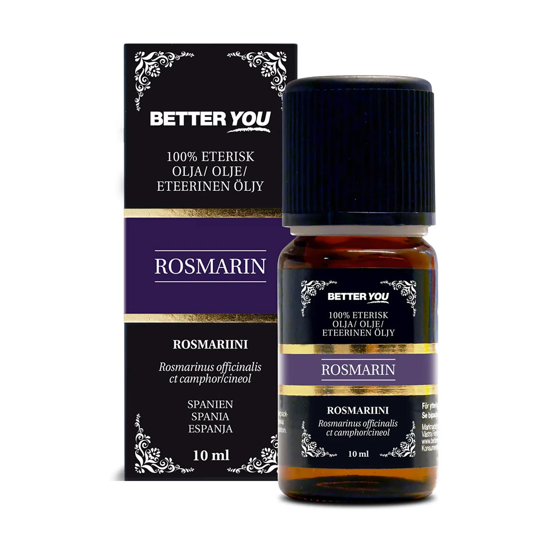 Better You Rosmarinolja EKO Eterisk 10 ml i mörkbrun glasflaska med svart etikett och lila detaljer, bredvid sin originalkartong.