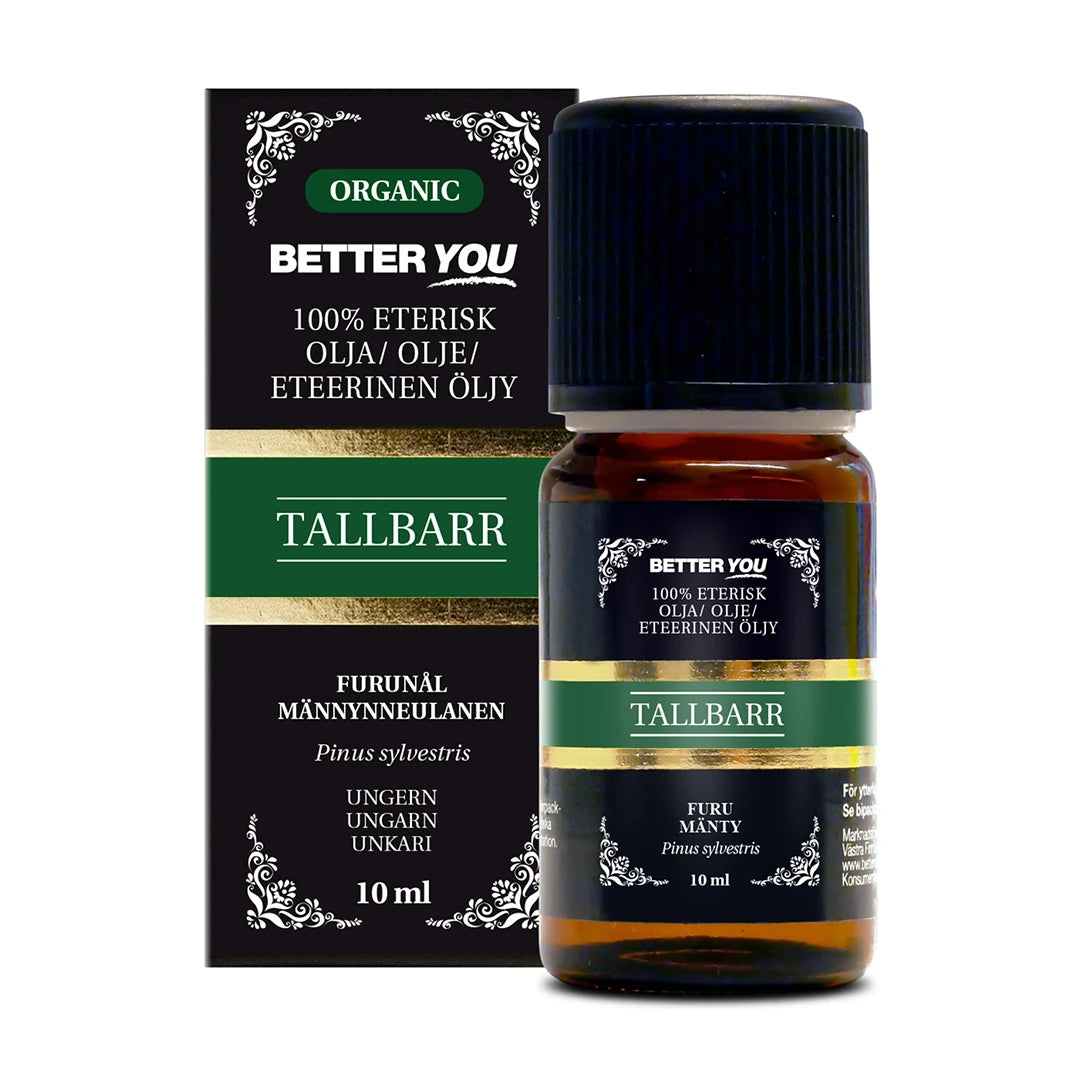 Better You Tallbarrsolja EKO Eterisk - 10 ml i mörk glasflaska med svart lock och tillhörande förpackning med gröna detaljer.