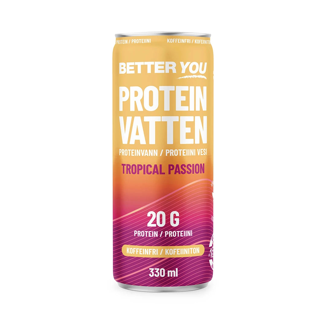 Better You Proteinvatten 330 ml i en orange och rosa burk för den koffeinfria smaken Tropical Passion., bild 3 av 4