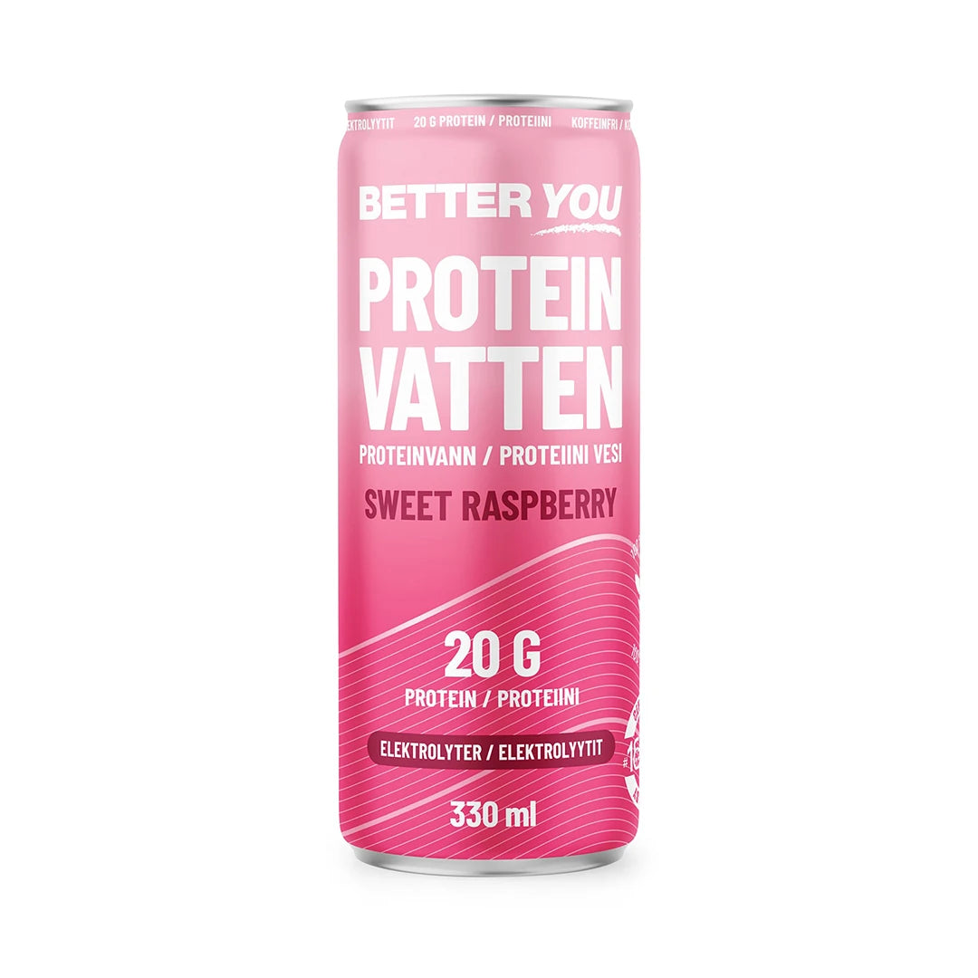 Better You Proteinvatten 330 ml proteindryck i en rosa burk med vit text och smaken Sweet Raspberry., bild 4 av 4