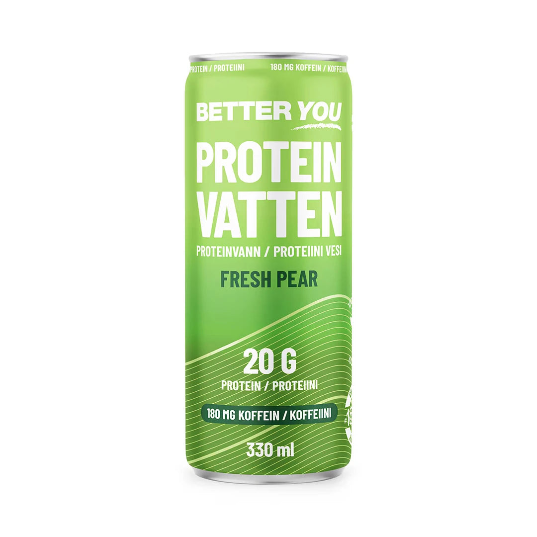 Better You Proteinvatten 330 ml i en ljusgrön burk med vit text och smaken Fresh Pear.