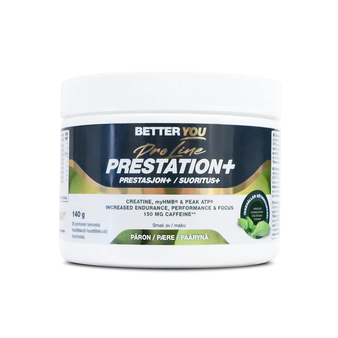 Better You Prestation Plus 140 g prestationshöjare i pulverform, förpackad i en vit burk med päronsmak.