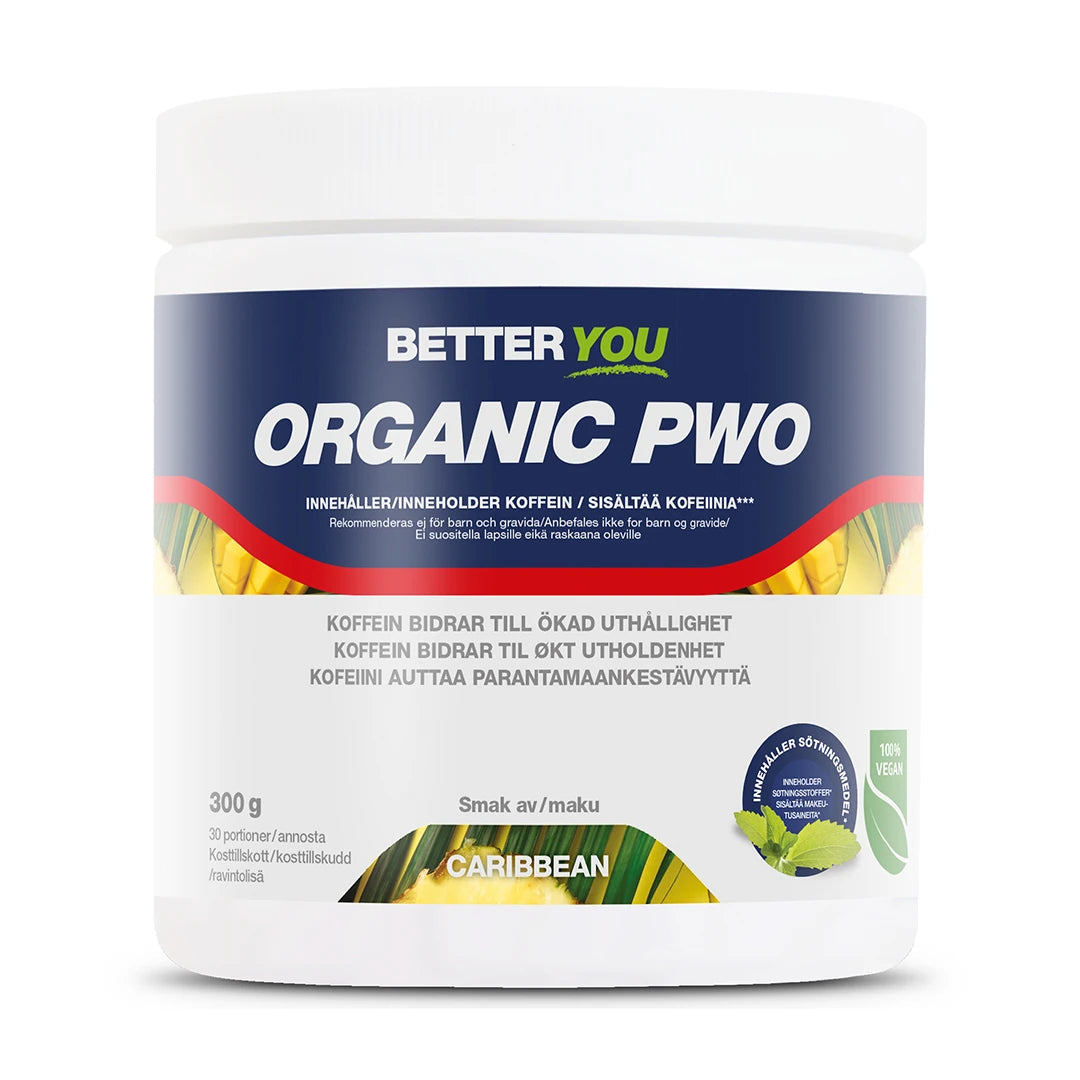 Better You Organic PWO 300 g pre-workout i pulverform, förpackad i en vit burk med smaken Caribbean.