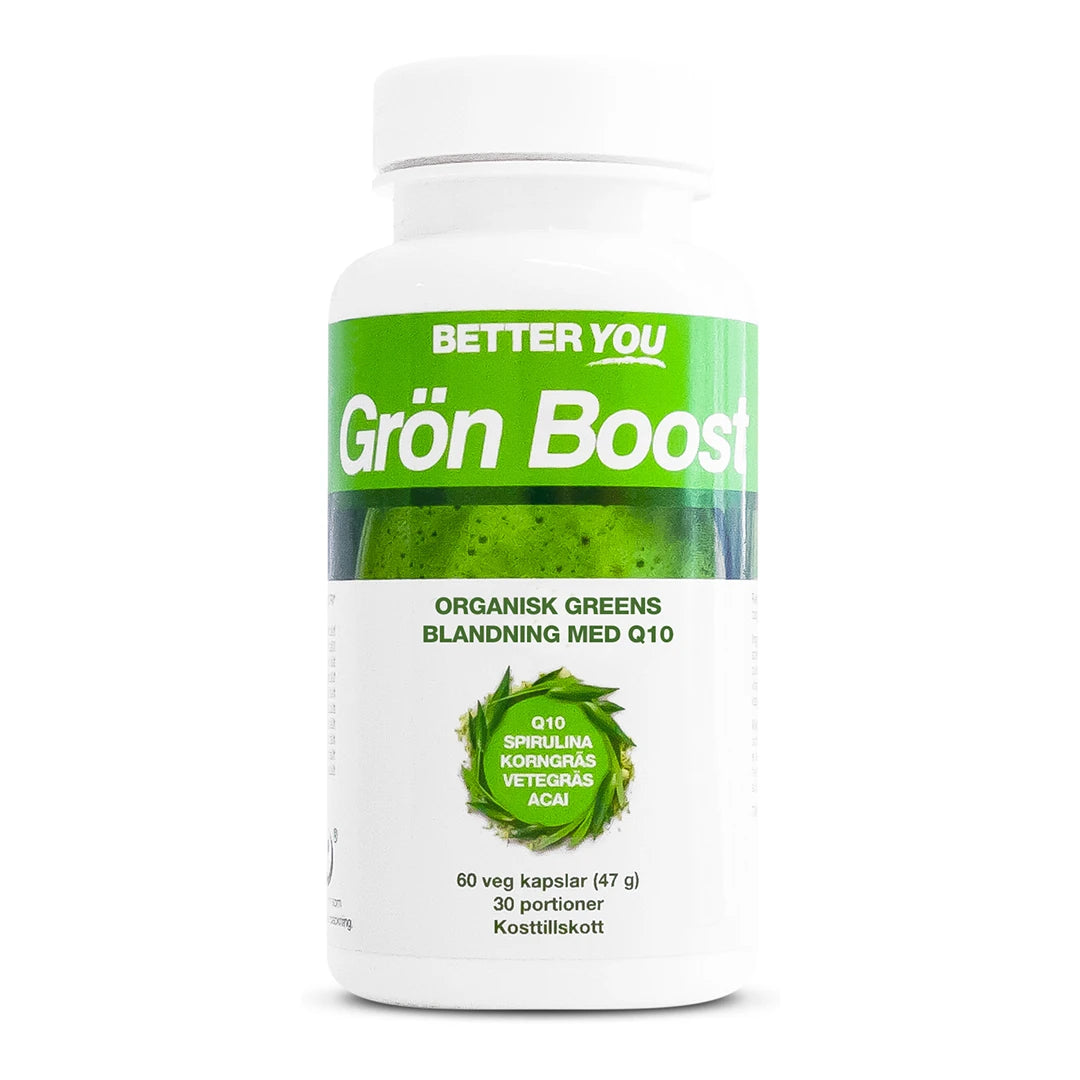 Better You Grön Boost Kapslar 60 kaps 0,047 kg kosttillskott förpackat i en vit plastburk med grön etikett.