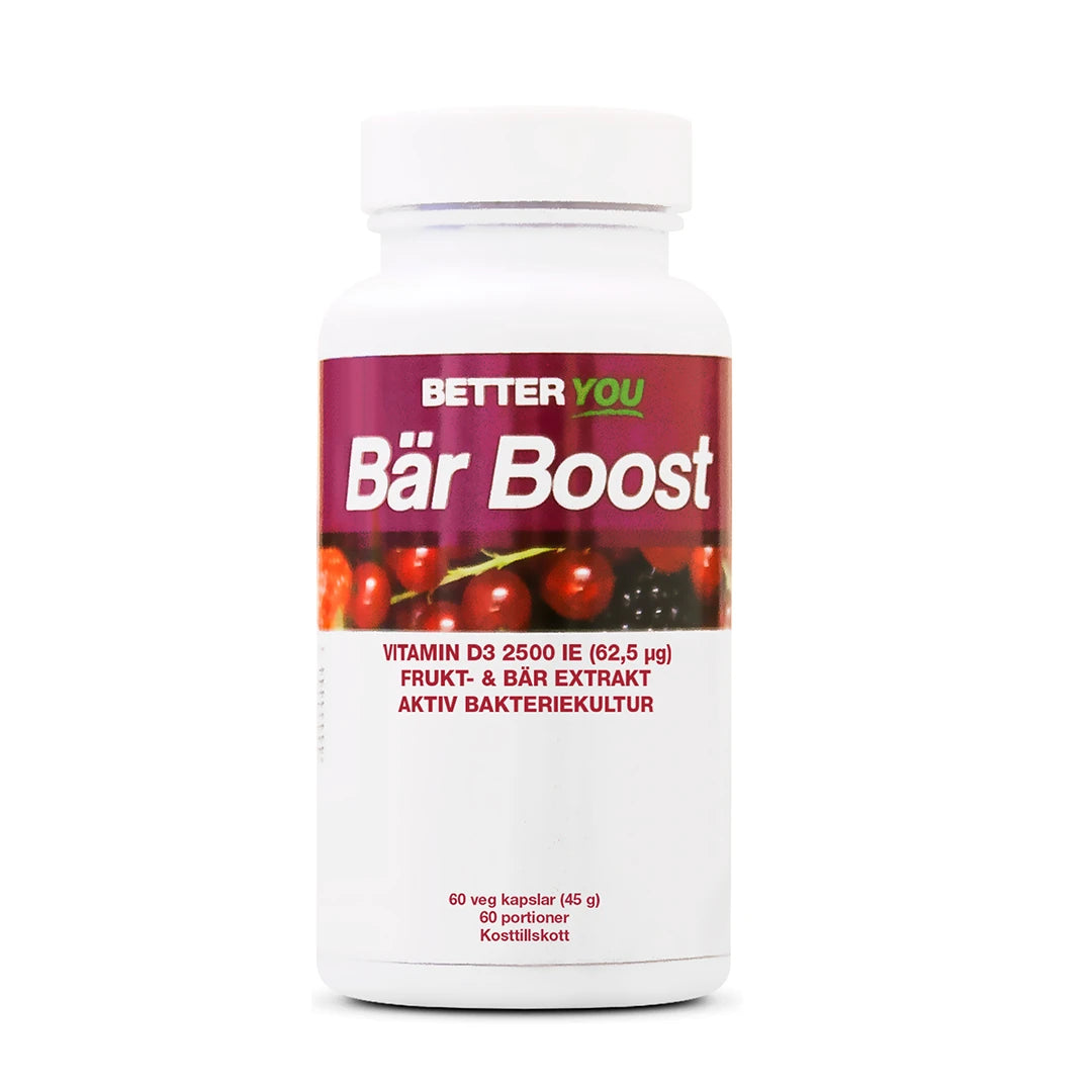 Better You Bär Boost Kapslar 60 kaps kosttillskott förpackad i en vit burk med bärmotiv.