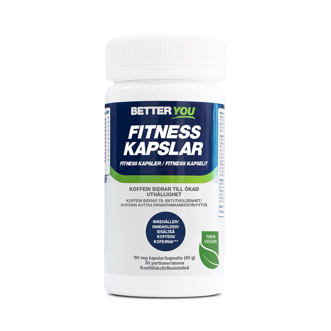 Vit burk med blå och grön etikett innehållande Better You Fitness Kapslar med koffein 60 caps för ökad uthållighet.