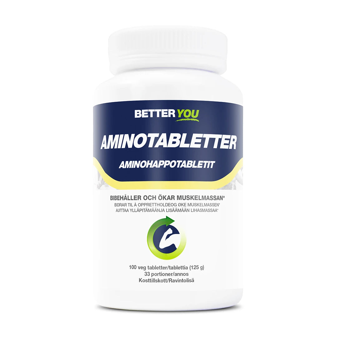 Better You Amino Tabletter 100 tabs aminosyratillskott i en vit burk med mörkblå och gröna detaljer.