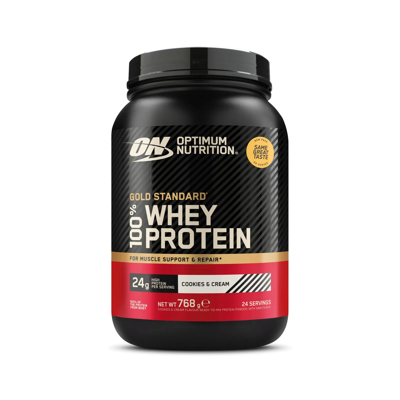 Optimum Nutrition 100% Whey Gold Standard 775 g proteinpulver i en svart burk med röda detaljer för smaken Cookies & Cream.