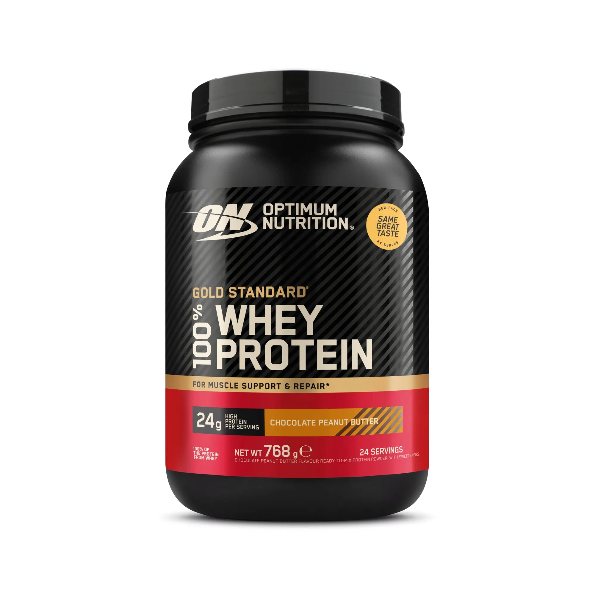 Optimum Nutrition 100% Whey Gold Standard 775 g i en svart burk med röda detaljer och smaken Chocolate Peanut Butter., bild 3 av 8