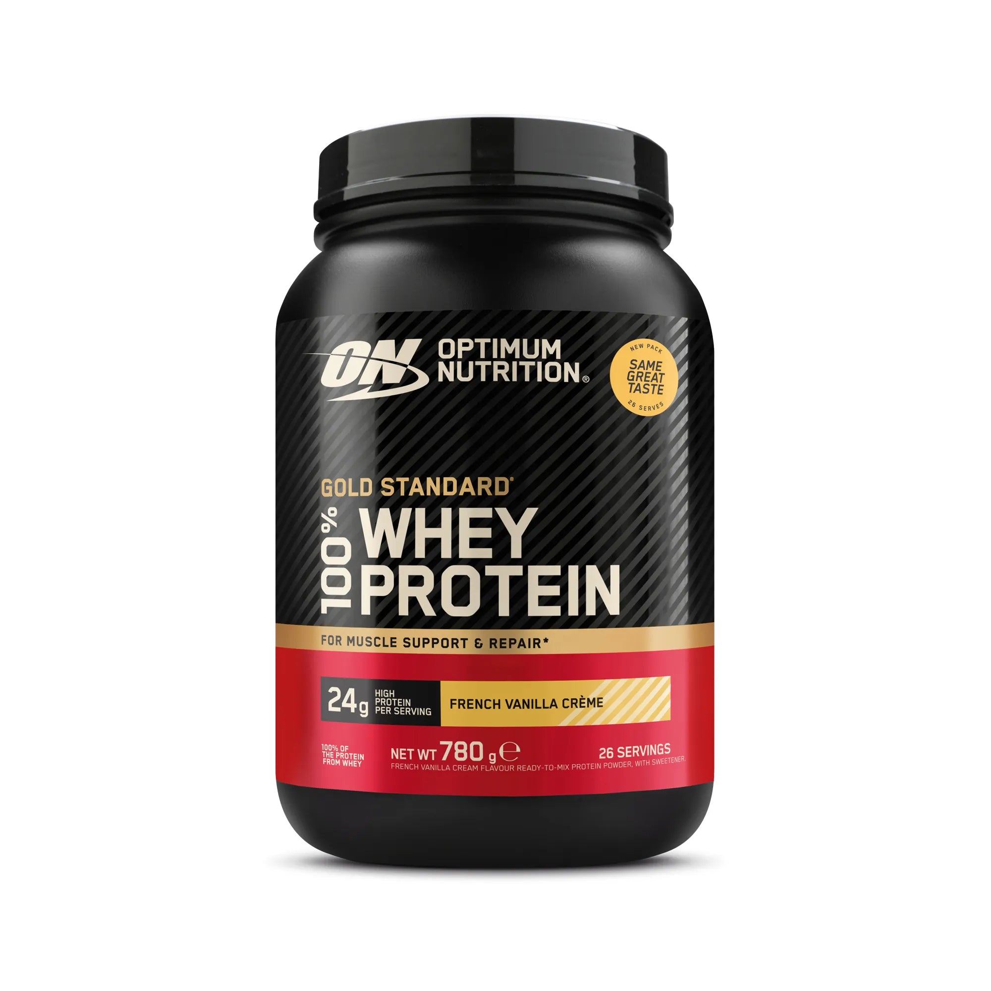 Optimum Nutrition 100% Whey Gold Standard 775 g proteinpulver i en svart burk med röd etikett i smaken French Vanilla., bild 4 av 8